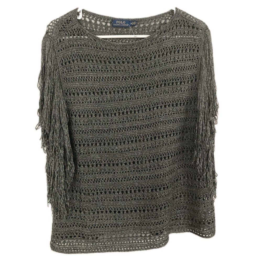 Polo Ralph Lauren Sweater Women M Gray Open Knit Crochet Fringe Boho EUC